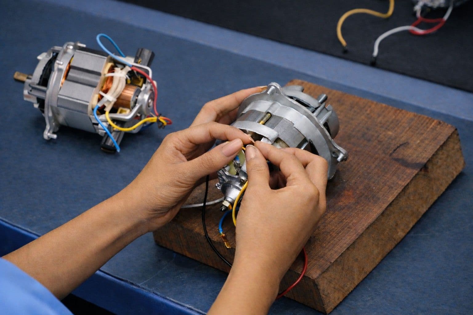 Automated AC motor winding and wire-fixing station on the in-house motor line at Topsail