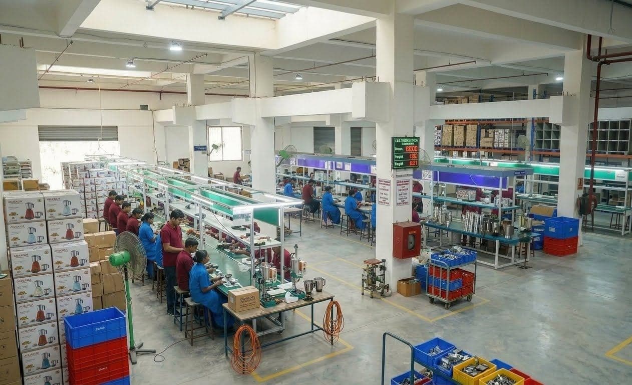 Workers along the main appliance assembly line at the Topsail factory in Silvassa, India