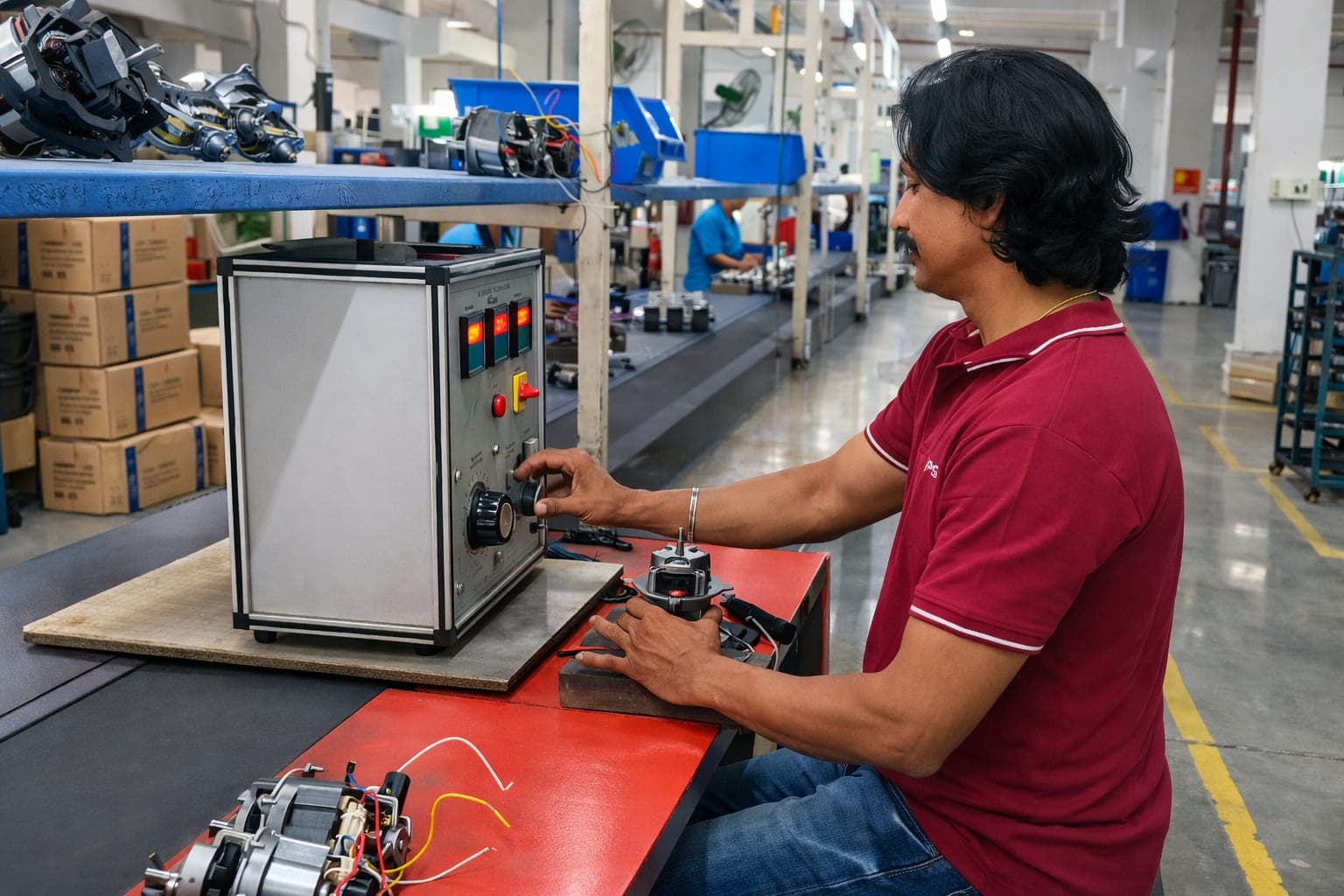 A Topsail technician testing an assembled appliance motor on a test rig at the Silvassa factory
