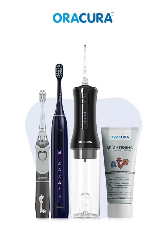 Oracura oral-care range — electric toothbrushes, water flosser and toothpaste — manufactured in partnership with Topsail Appliances