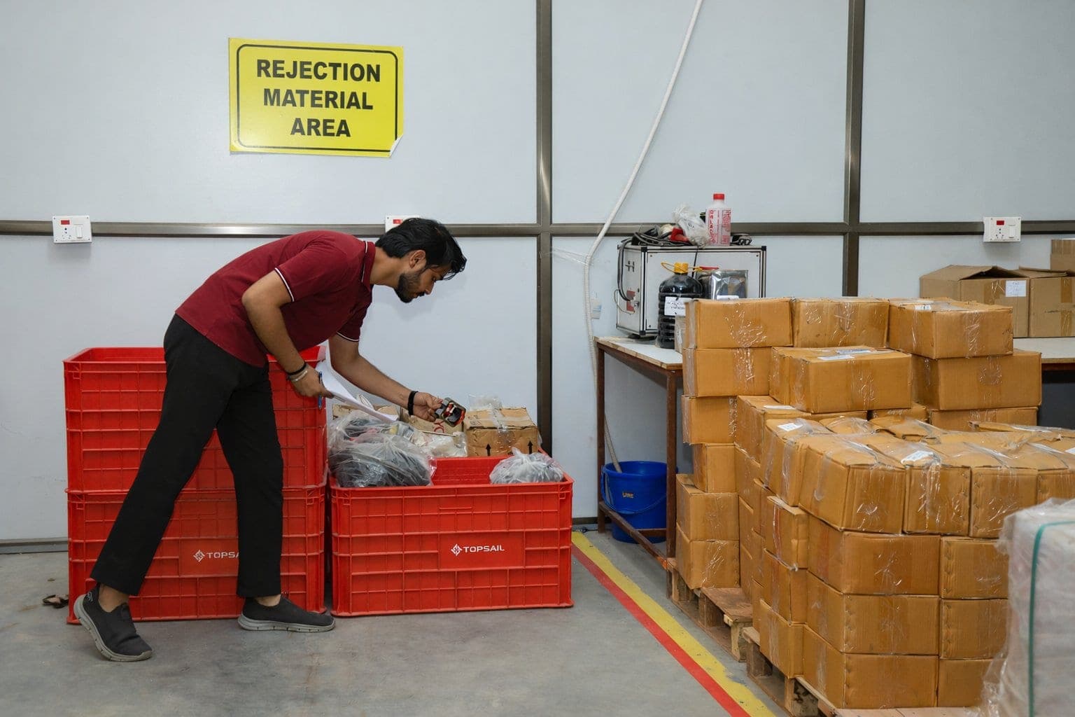 A Topsail team member sorting parts in the Rejection Material Area, part of the factory's quality checks