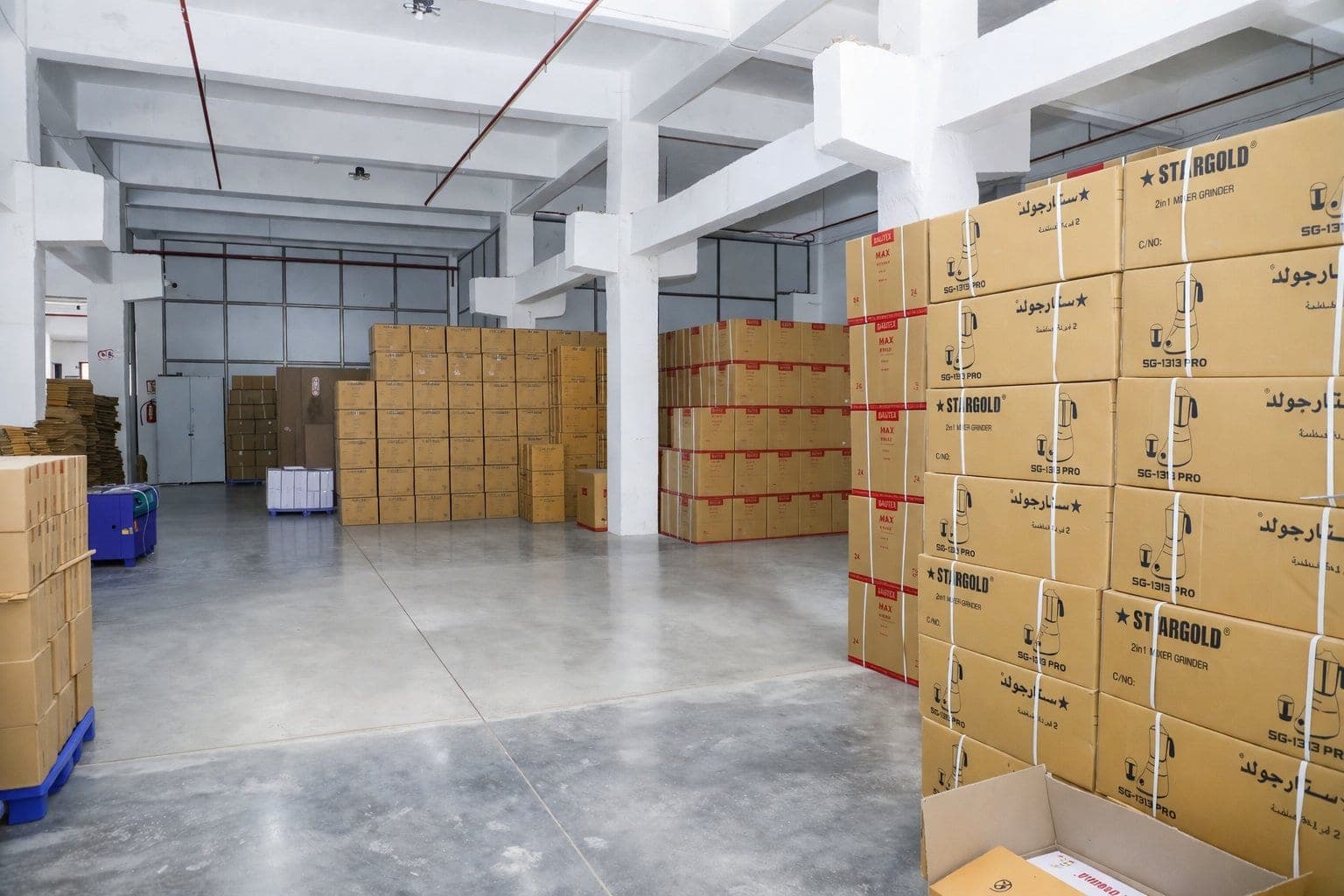 Packed export cartons stacked in the Topsail Silvassa warehouse, the final step of an OEM appliance launch