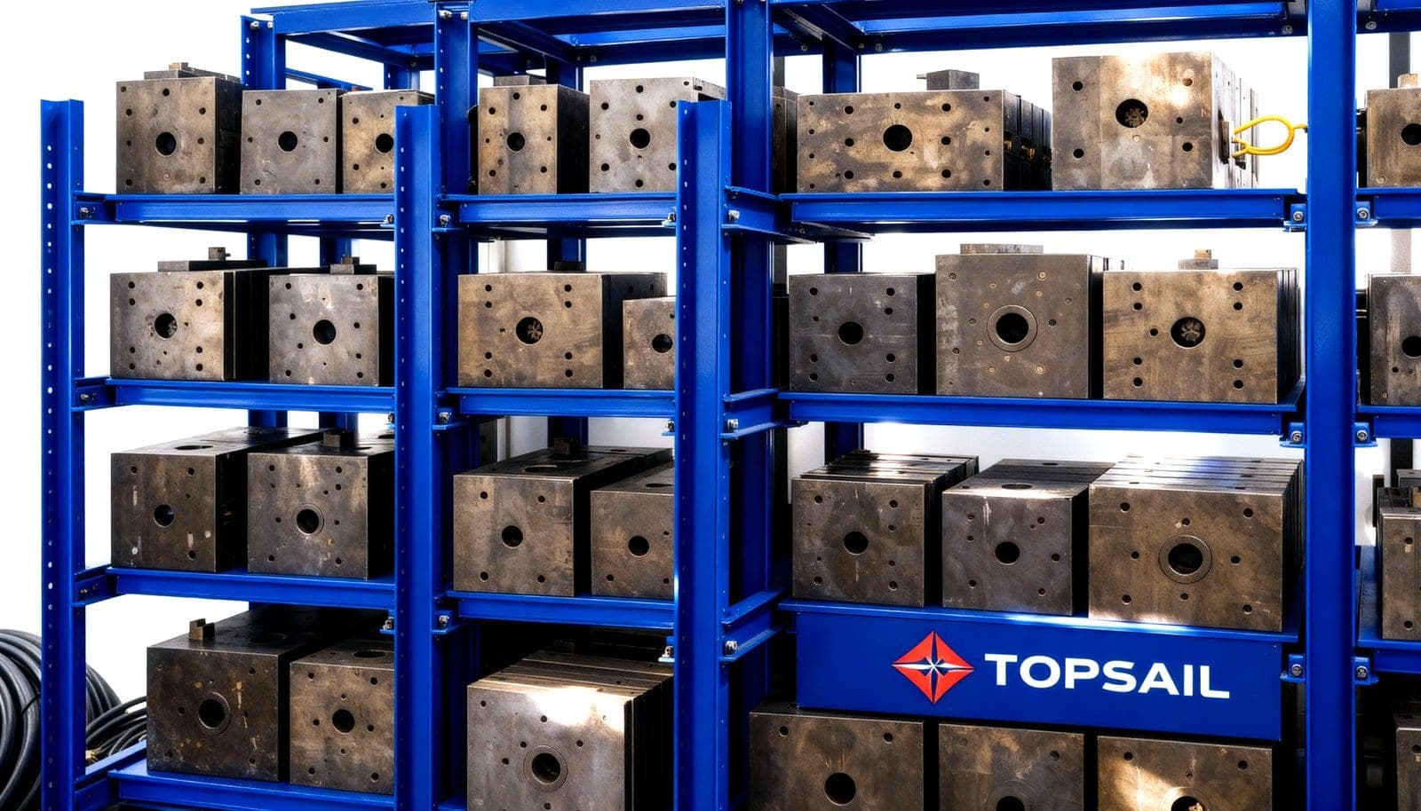 Injection moulds stored on a Topsail-branded rack at the factory, showing how appliance tooling is kept on site